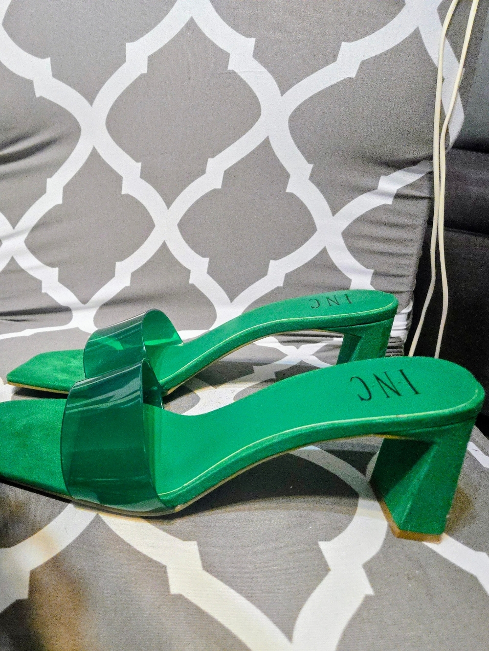 INC Green Clear Strap Block Heel Sandals